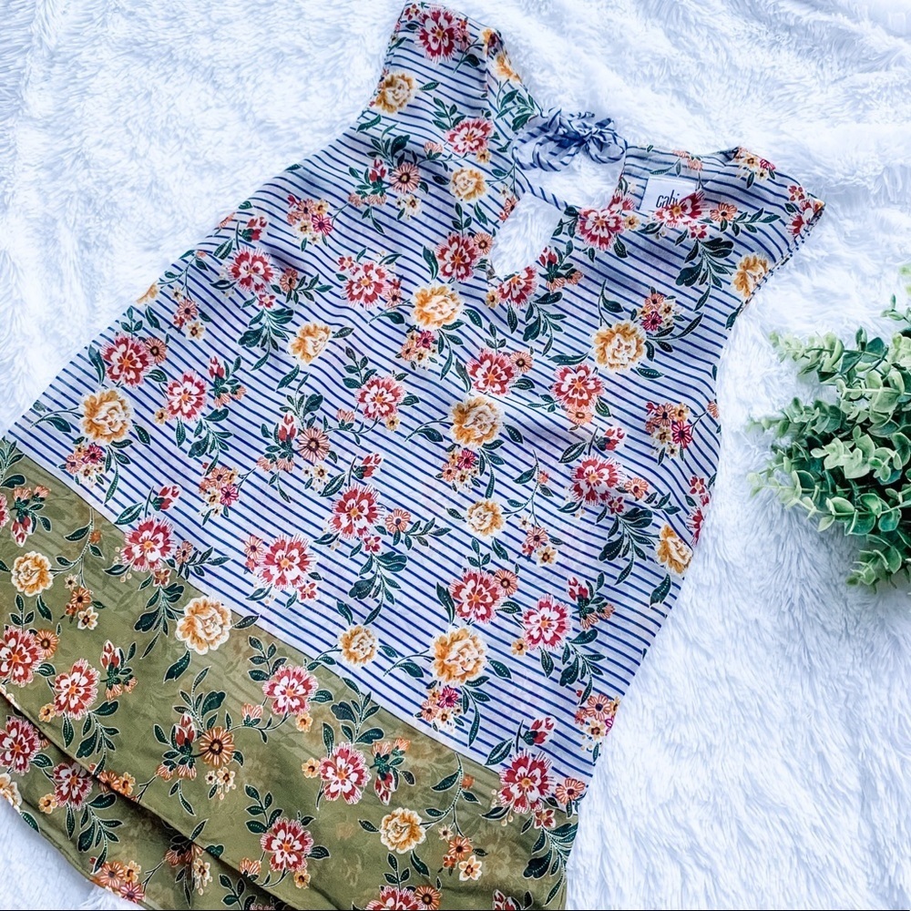 cabi | Size Small Penelope Olive Green Floral Print Tank Blouse w/ Blue Stripes